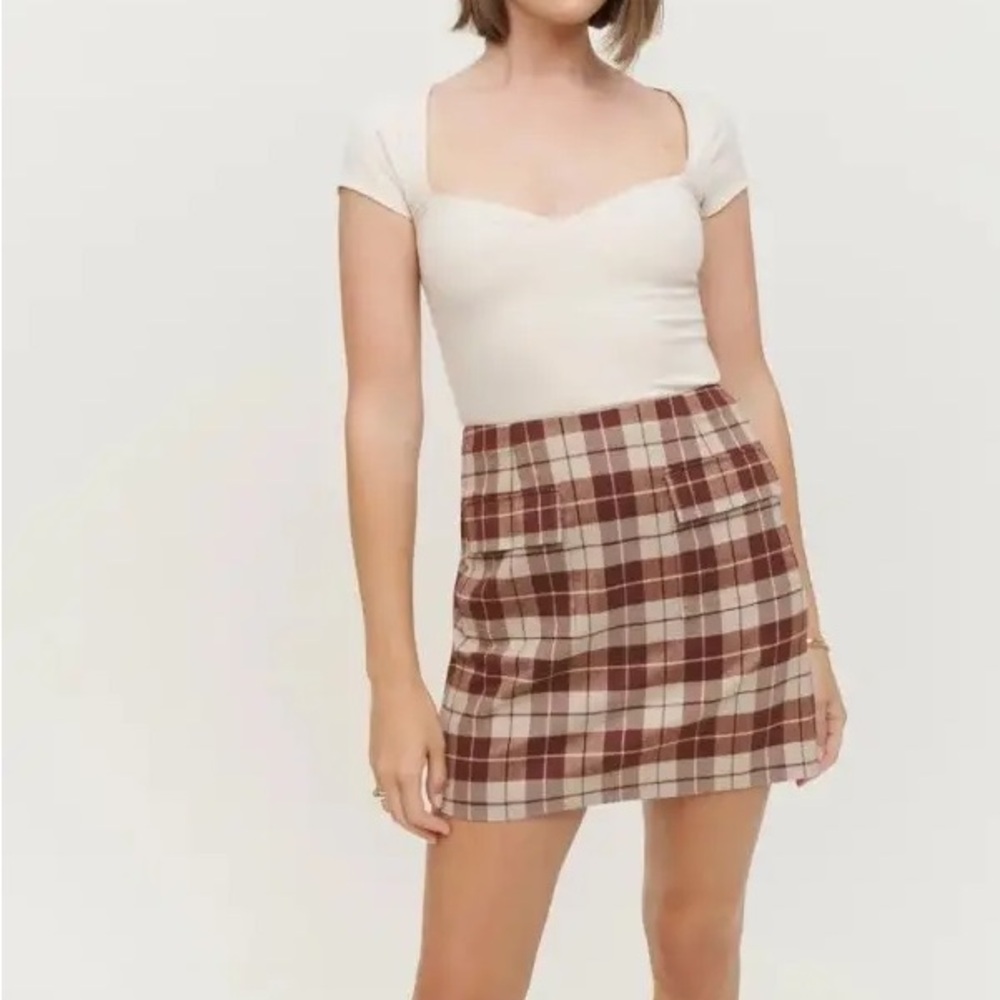 Reformation Brown Plaid Janis Skirt Academia Flirty School Preppy Tan Neutral